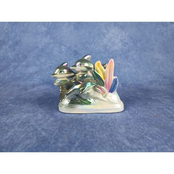 Iridescent Dolphin Family With Rainbow Splashing Waves Ceramic Figurine - Picture 8 of 8